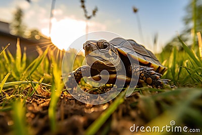 Sunlit Cute Little Turtle Outdoors Stock Photo