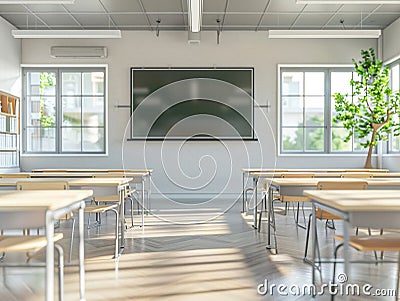 Sunlit empty classroom with modern desks, a large blackboard, and a refreshing green tree in the window view Cartoon Illustration