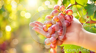 Sunlit female hand holding ripe grapes against grape bushes and bokeh background Stock Photo