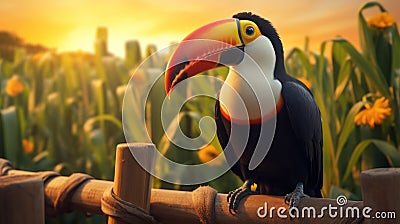 Sunlit Field: A Hyper-detailed Rendering Of A Smiling Toucan On A Fence Stock Photo