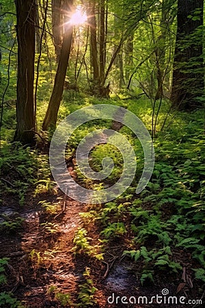 sunlit forest path with new growth Stock Photo