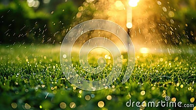 Sunlit fresh green grass with water sprinkles in the morning Stock Photo