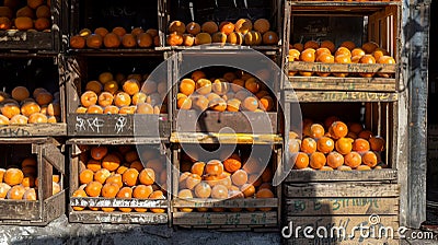 Sunlit Fresh Oranges Display in Wooden Crates at Market Stock Photo