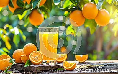 Sunlit Fresh Oranges and Juice in Nature Stock Photo