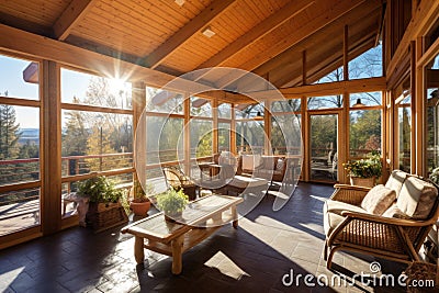 sunlit glass porch in a contemporary log cabin Stock Photo