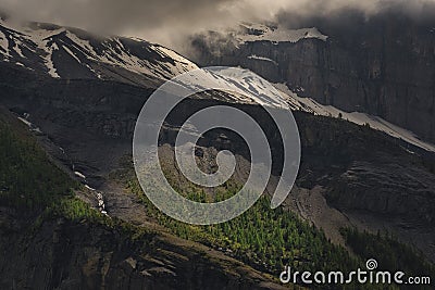 The sunlit green area of trees in a vast arid and friable rock below the Ãœssere Fisistock peak in the Oeschinensee area Stock Photo