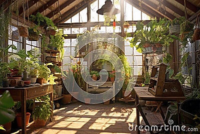 sunlit greenhouse interior with hanging plants Stock Photo