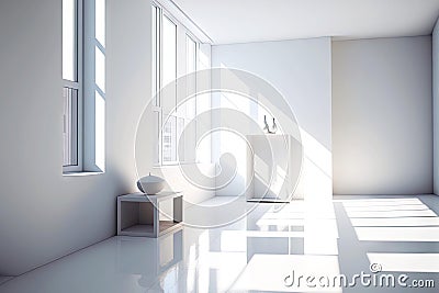 sunlit ious 3d rendering minimal room with large windows and white walls, generative ai Stock Photo