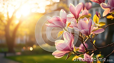 Sunlit magnolia blossoms in a dreamy spring garden Stock Photo