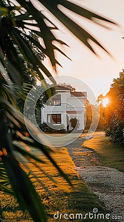 Sunlit Modern House with Lush Greenery and Serene Pathway Stock Photo