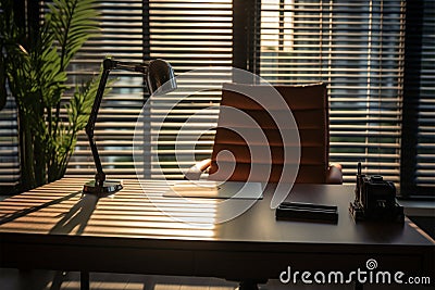 Sunlit office oasis chiefs workplace, table, chair, and open blinds Stock Photo