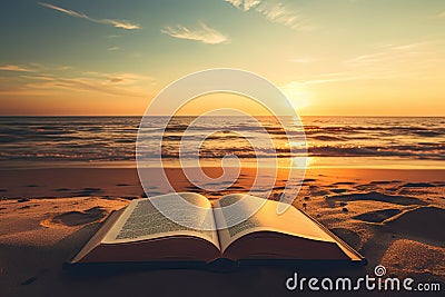Sunlit Open Book at the Beach: Concept for Relaxing Travel Reading, Seaside Holiday Leisure, and Summer Day Education. Generative Stock Photo