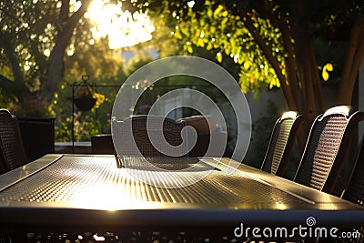 sunlit patio table with chairs tucked in Stock Photo
