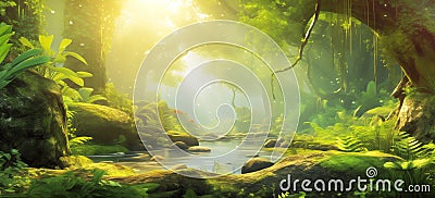 Sunlit river winding through a vibrant, ethereal jungle Stock Photo