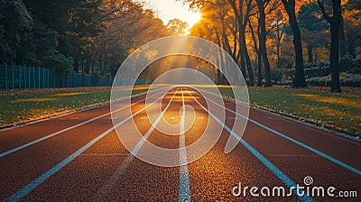 Sunlit Running Track in Autumn Generative AI Stock Photo
