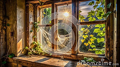 Sunlit rustic window with overgrown vines and cobwebs. Generative AI Stock Photo