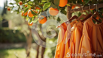 Sunlit scene of ripe oranges hanging from a tree with matching orange dresses on wooden hangers, blending fashion Stock Photo