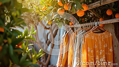 Sunlit scene of ripe oranges hanging from a tree with matching orange dresses on wooden hangers, blending fashion Stock Photo