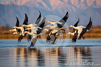 Sunlit Serenity. Captivating Image of a Flock of Geese Flying Majestically over a Tranquil Lake Stock Photo