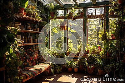 Sunlit Space Filled With Lush Plants. Generative AI Stock Photo