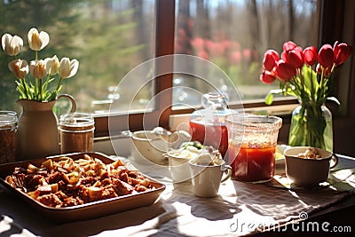 sunlit table with rhubarb crisp and market ambiance Stock Photo