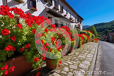 sunlit terraces with bright geraniums in a village Stock Photo