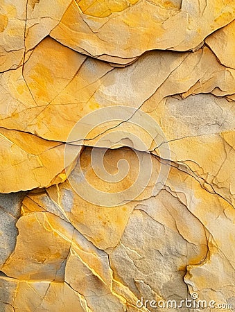Sunlit textured pattern of yellow stones with shadow play, creating a vibrant and dynamic surface. Stock Photo
