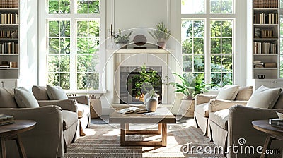 Sunlit Traditional Living Room with Fireplace and Built-in Bookshelves Stock Photo