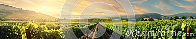 A sunlit vineyard row with a clear sky offering a tidy and expansive setting for summerthemed projects with text space Stock Photo