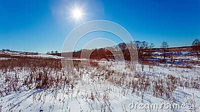 Sunlit White Snowy Field Stock Photo