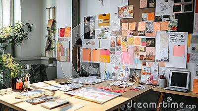 Sunlit workspace with a large mood board and desk displaying design projects Stock Photo