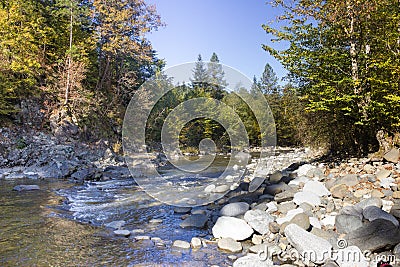 Sunny autumn afternoon and mountain creek Stock Photo