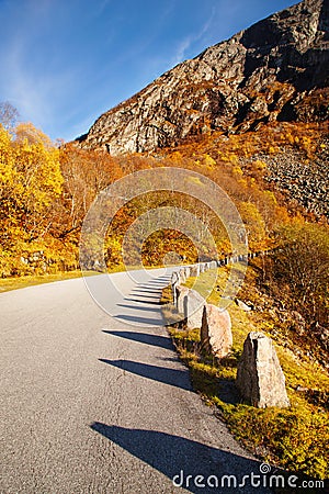 Sunny autumn at Gamle Strynefjellsvegen, National tourist road, Stock Photo