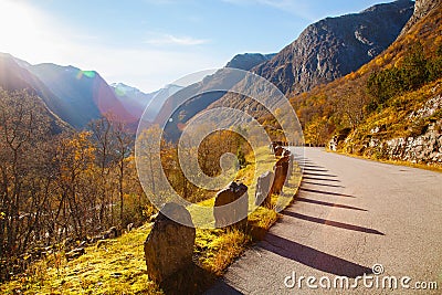 Sunny autumn at Gamle Strynefjellsvegen, National tourist road, Stock Photo