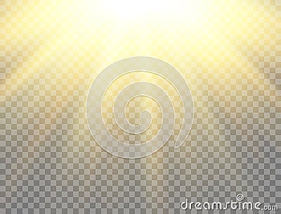 Sunny backdrop. Sun light on transparent background. Golden glowing light effect. Sunlight lens flash. Magic banner Vector Illustration