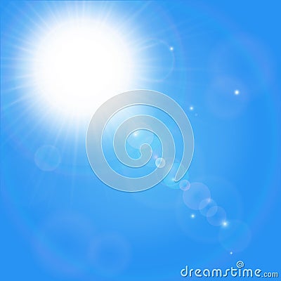 Sunny background jpg, blue sky with white clouds and sun. Stock Photo