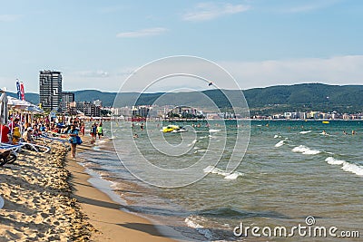 Sunny Beach, Bulgaria July 15, 2019. Beautiful view of the Black Sea with a beach where there is a crowd of tourists in Sunny Beac Editorial Stock Photo