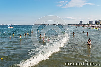 Sunny Beach, Bulgaria July 15, 2019. Crowd of tourists on the Black Sea beach, in Sunny Beach, Bulgaria, on a beautiful hot summer Editorial Stock Photo