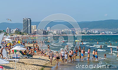 SUNNY BEACH, BULGARIA - 2 SEP 2018: People in the sea at Sunny Beach resort on a sunny day in Bulgaria s Black Sea coast known for Editorial Stock Photo