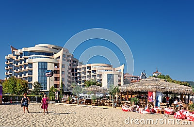 SUNNY BEACH, BULGARIA - September 8, 2017:Resort Sunny Beach Bulgaria view of the beach in summer. View of Hotel Festa M Editorial Stock Photo