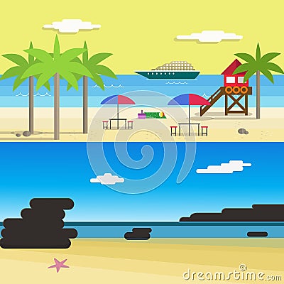 Sunny Beach for Summer Vocation.Flat Style Vector Illustration Vector Illustration