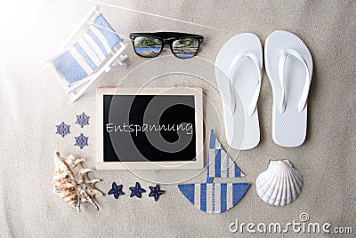 Sunny Blackboard On Sand, Entspannung Means Relax Stock Photo