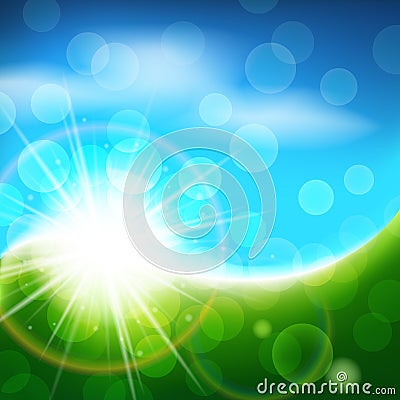 Sunny blue and green vector background, bright spring summer abstract landscape Vector Illustration