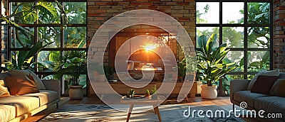 Concept Urban Oasis, Stylish Living Spaces, Warm Sunny BrickWalled Haven with Modern Comforts Stock Photo