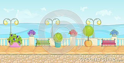 Sunny cartoon seafront landscape, endless vector seaside background for computer games. Stone fence, plants, flowers, benches, pav Vector Illustration