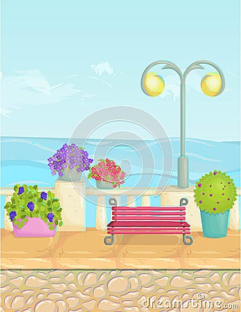 Sunny cartoon seafront landscape, vector seaside background. Stone fence, plants, flowers, benches, paving. Vector Illustration