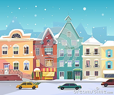 Sunny City street at Winter. Cartoon buildings. Vector Illustration