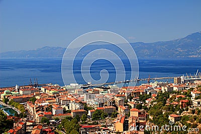 Sunny cityscape of Rijeka, Croatia, with blue Adriatic Sea Stock Photo