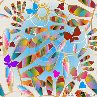 Sunny colorful flowers and butterflies seamless pattern. Vector illustration. Ornamental spring summer bright background. Hand Vector Illustration