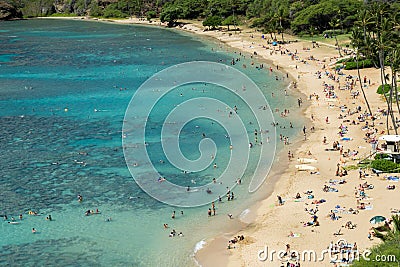 Hanauma Bay State Park - Oahu Hawaii - busy, crowded beach with tourists Stock Photo